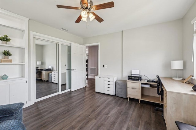 3631 Alta Vista Dr, Fallbrook, CA 92028 - office area with dark wood finished floors, ceiling fan, and built in shelves