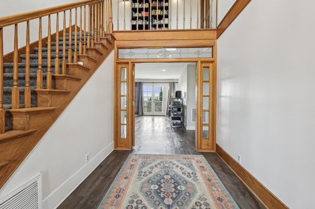 3631 Alta Vista Dr, Fallbrook, CA 92028 - entrance foyer featuring french doors, baseboards, wood finished floors, and stairway