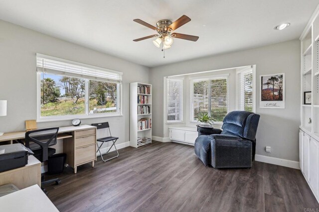 3631 Alta Vista Dr, Fallbrook, CA 92028 - office with ceiling fan, dark wood finished floors, and baseboards