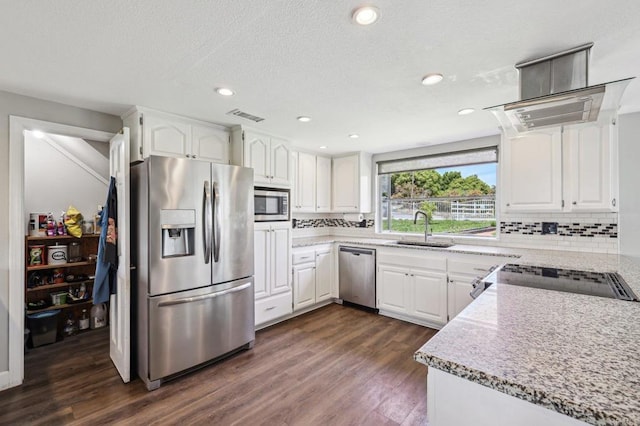 3631 Alta Vista Dr, Fallbrook, CA 92028 - kitchen featuring appliances with stainless steel finishes, a sink, decorative backsplash, dark wood-type flooring, and recessed lighting