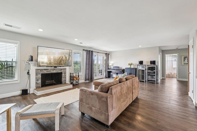 3631 Alta Vista Dr, Fallbrook, CA 92028 - living room with a stone fireplace, dark wood-style floors, baseboards, and recessed lighting
