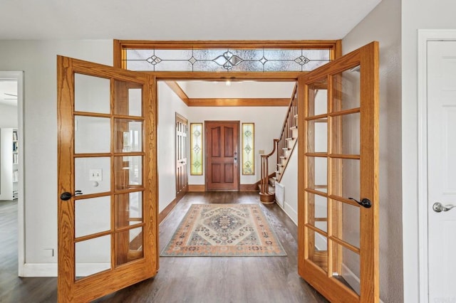 3631 Alta Vista Dr, Fallbrook, CA 92028 - foyer entrance with wood finished floors, baseboards, stairway, and french doors
