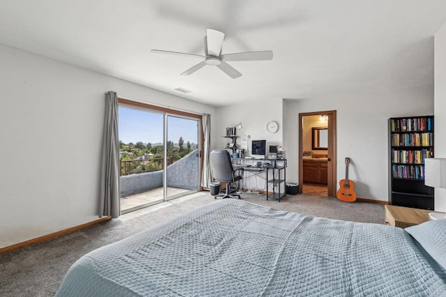 3631 Alta Vista Dr, Fallbrook, CA 92028 - carpeted bedroom featuring access to outside, baseboards, a ceiling fan, ensuite bathroom, and a desk
