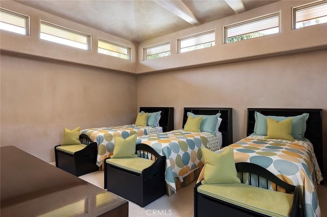 1131 Dolphin Ter, Corona Del Mar, CA 92625 - carpeted bedroom with a towering ceiling and beam ceiling