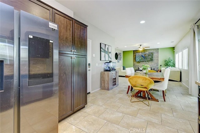 16759 Yellow Fern Ln, Fontana, CA 92336 - kitchen featuring ceiling fan, recessed lighting, dark brown cabinetry, and baseboards