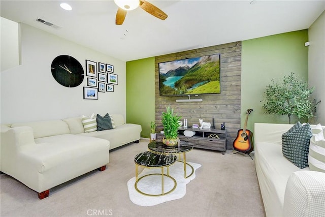16759 Yellow Fern Ln, Fontana, CA 92336 - living area featuring carpet, a ceiling fan, and an accent wall