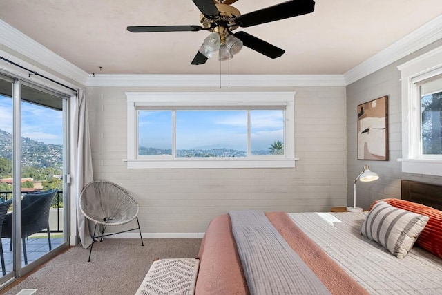 bedroom with access to exterior, carpet floors, a ceiling fan, and crown molding
