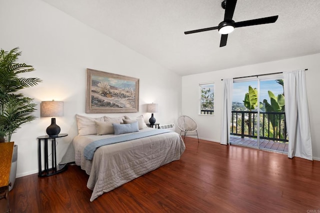 bedroom with lofted ceiling, access to exterior, wood finished floors, baseboards, and a ceiling fan