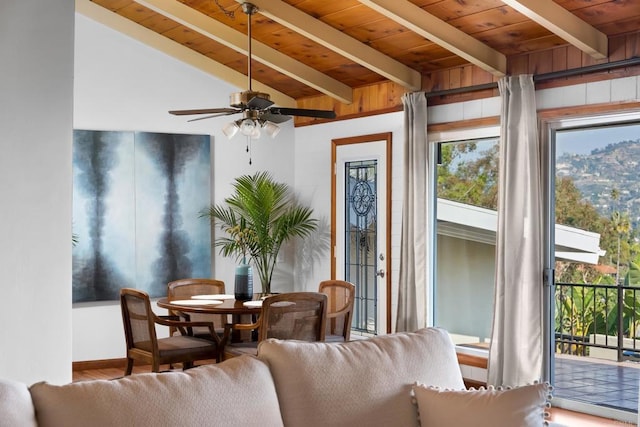 dining room with wooden ceiling and ceiling fan