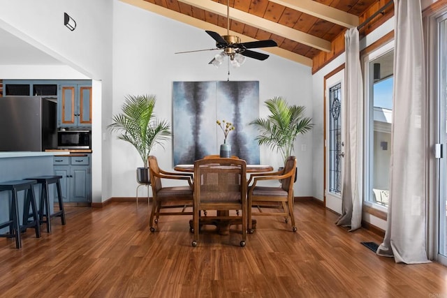 dining space with ceiling fan, wood ceiling, dark wood-style floors, and baseboards