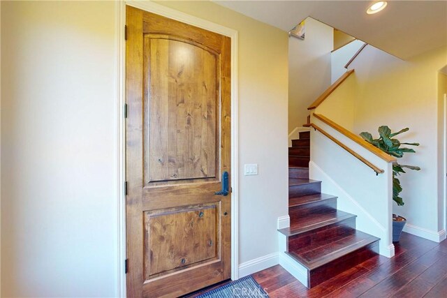 5595 Tanbark Ct, Avila Beach, CA 93424 - entrance foyer with dark wood-style floors, baseboards, stairs, and recessed lighting