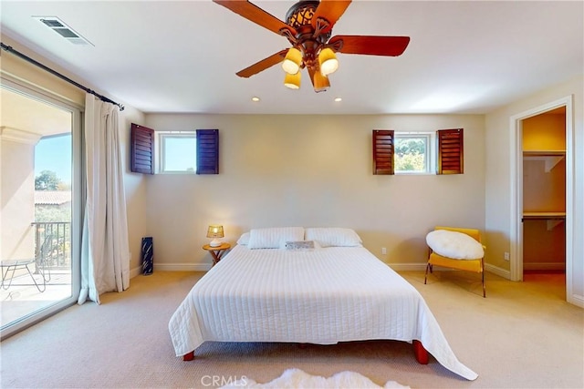 5595 Tanbark Ct, Avila Beach, CA 93424 - carpeted bedroom featuring access to exterior, multiple windows, baseboards, ceiling fan, and recessed lighting