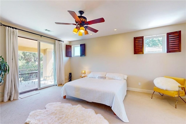 5595 Tanbark Ct, Avila Beach, CA 93424 - carpeted bedroom featuring access to exterior, multiple windows, baseboards, recessed lighting, and a ceiling fan