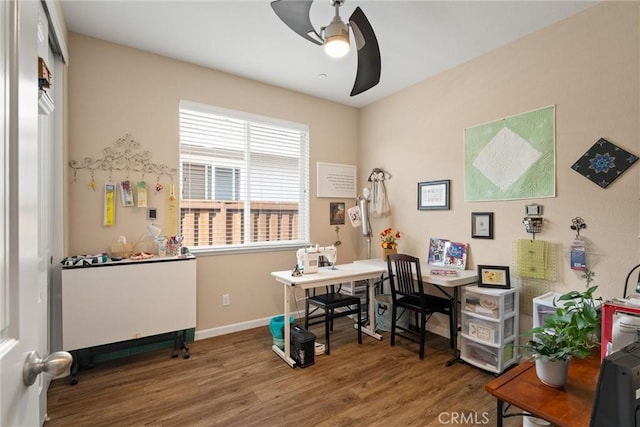 3293 Rogue River Dr, Chico, CA 95973 - office area with a ceiling fan, wood finished floors, and baseboards