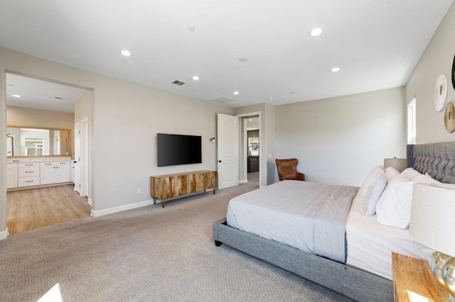 4650 Silent Knoll Dr, Fallbrook, CA 92028 - bedroom featuring light carpet, baseboards, recessed lighting, and connected bathroom