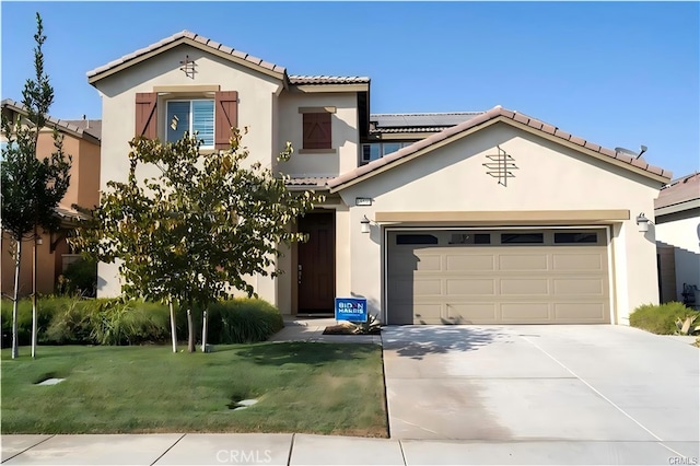 15590 Pumpkin Pl, Fontana, CA 92336 - view of front of property with a tiled roof, stucco siding, concrete driveway, solar panels, and a front yard