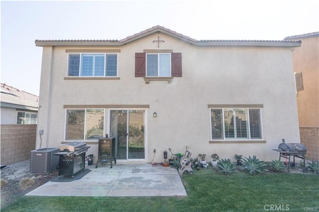 15590 Pumpkin Pl, Fontana, CA 92336 - back of property featuring stucco siding, a patio, and central AC unit