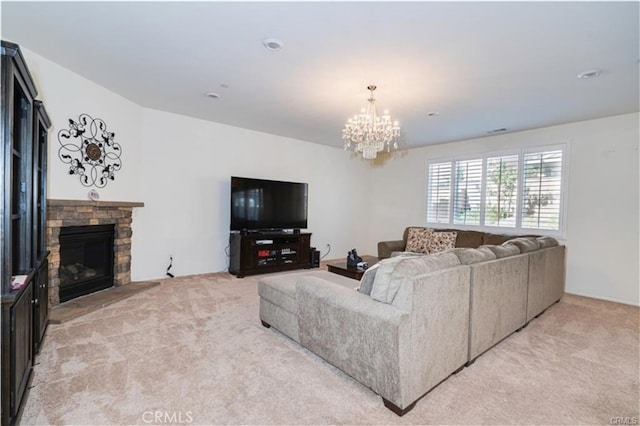 15590 Pumpkin Pl, Fontana, CA 92336 - living area featuring light carpet, a chandelier, and a stone fireplace