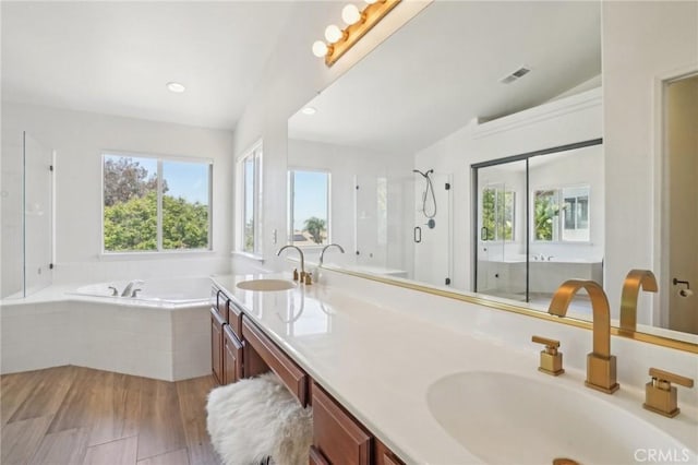 2875 Briarhaven Ln, Corona, CA 92882 - full bath featuring a stall shower, a bath, double vanity, and recessed lighting