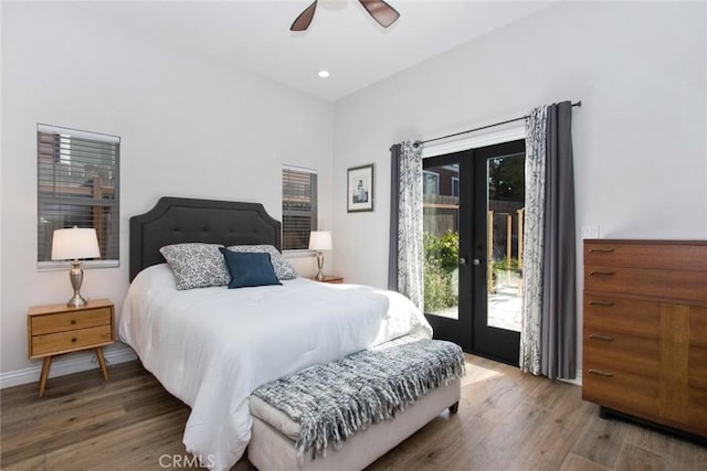 211 N Frederic St, Burbank, CA 91505 - bedroom with french doors, access to outside, wood finished floors, a ceiling fan, and recessed lighting