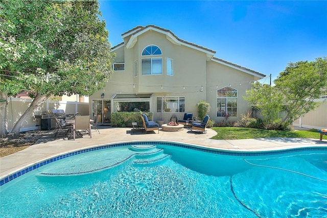 6730 Harrington Ct, Chino, CA 91710 - view of swimming pool with an outdoor fire pit, a patio, and fence