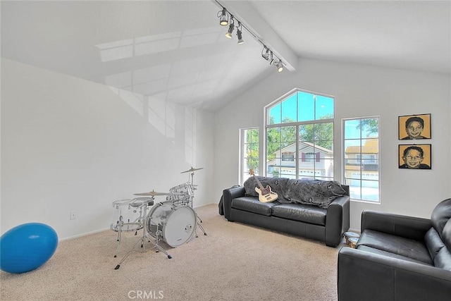 6730 Harrington Ct, Chino, CA 91710 - living area with rail lighting, healthy amount of natural light, and carpet