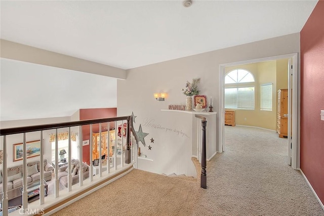 6730 Harrington Ct, Chino, CA 91710 - hall with carpet flooring, baseboards, and an upstairs landing
