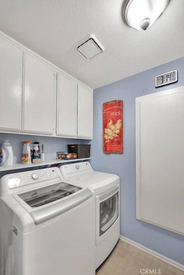 6730 Harrington Ct, Chino, CA 91710 - laundry area featuring cabinet space, independent washer and dryer, a textured ceiling, and baseboards