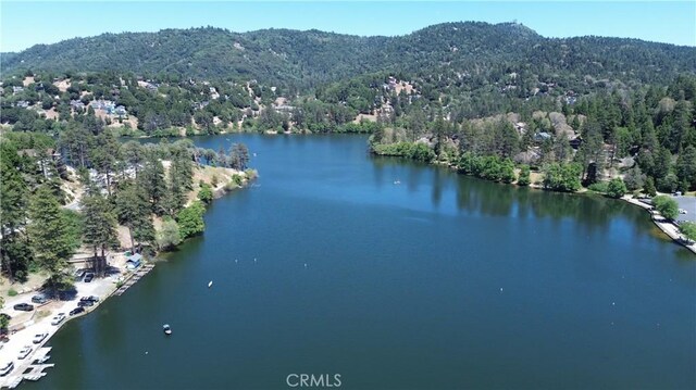23120 Sycamore Ln, Crestline, CA 92325 - aerial view of property's location with a heavily wooded area and a water and mountain view