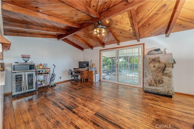 8922 Tracy Ave, Garden Grove, CA 92841 - office featuring beverage cooler, wooden ceiling, hardwood / wood-style floors, and ceiling fan