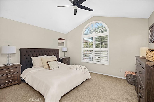 22 Amesbury Ct, Ladera Ranch, CA 92694 - bedroom with light colored carpet, lofted ceiling, baseboards, and a ceiling fan