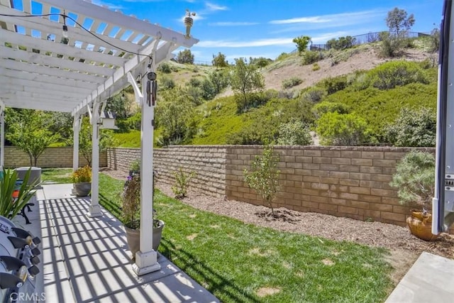 fenced backyard featuring a pergola and a patio area