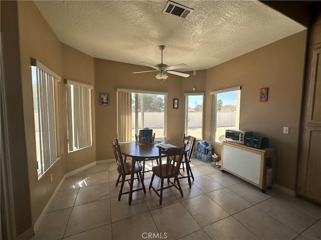 15360 Mandan Rd, Apple Valley, CA 92307 - dining space with healthy amount of natural light, light tile patterned flooring, baseboards, a ceiling fan, and a textured ceiling
