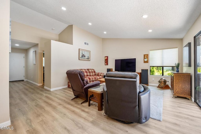 286 W Montecito Ave Unit K, Sierra Madre, CA 91024 - living room featuring light wood-type flooring, a textured ceiling, baseboards, recessed lighting, and high vaulted ceiling