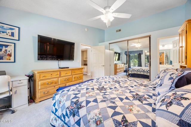 286 W Montecito Ave Unit K, Sierra Madre, CA 91024 - bedroom featuring light carpet, a closet, ceiling fan, and connected bathroom