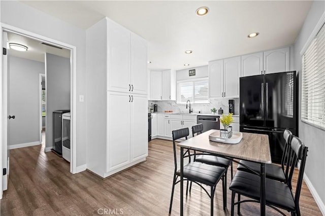 20155 Keaton St, Canyon Country, CA 91351 - kitchen with freestanding refrigerator, a sink, dishwasher, wood finished floors, and recessed lighting