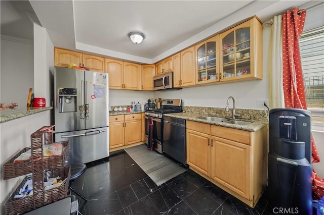 9051 Cedros Ave Unit 5, Panorama City, CA 91402 - kitchen featuring stainless steel appliances, a sink, glass insert cabinets, light brown cabinetry, and light stone counters