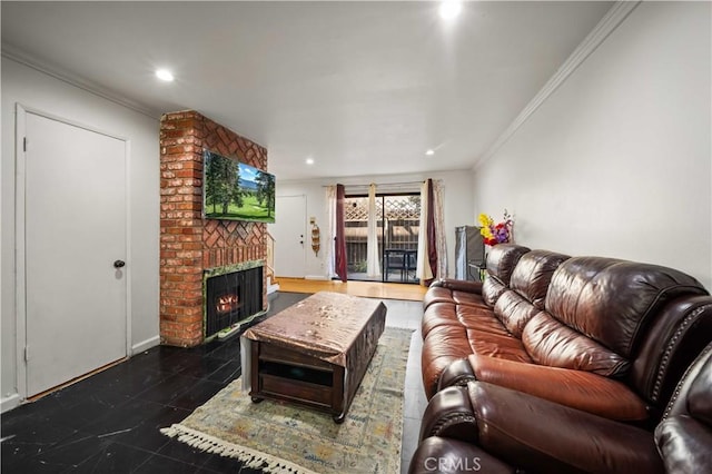 9051 Cedros Ave Unit 5, Panorama City, CA 91402 - living room with crown molding, a fireplace, recessed lighting, and baseboards
