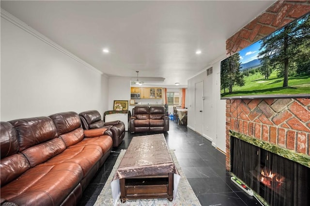 9051 Cedros Ave Unit 5, Panorama City, CA 91402 - living area featuring crown molding, a fireplace, recessed lighting, ceiling fan, and healthy amount of natural light