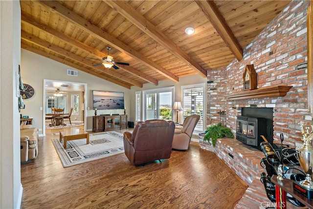 living room featuring wood finished floors, wooden ceiling, a ceiling fan, and baseboards