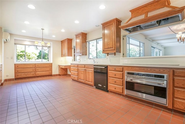 1558 Hillcrest Ave, Glendale, CA 91202 - kitchen featuring dishwasher, stainless steel oven, a chandelier, light tile patterned floors, and an AC wall unit