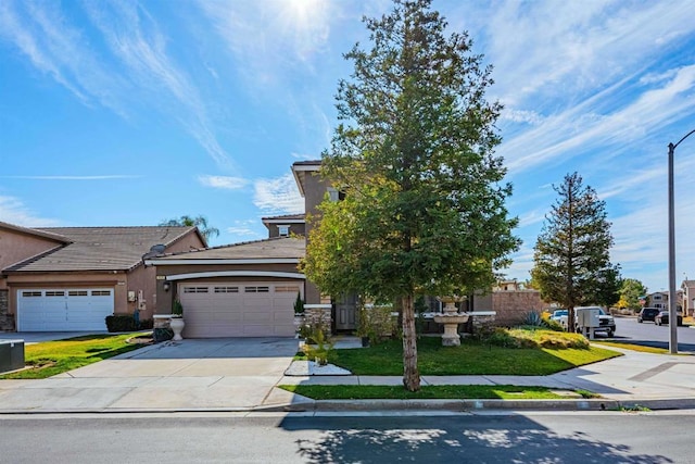 3035 Cat Tail Ct, Hemet, CA 92545 - obstructed view of property featuring driveway, stucco siding, an attached garage, a tiled roof, and stone siding