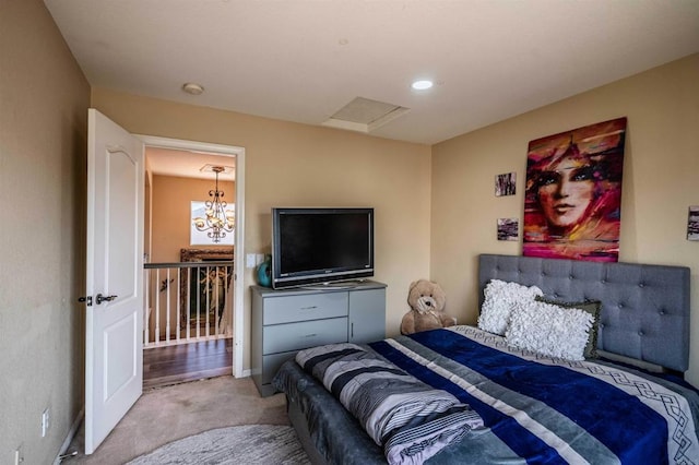 3035 Cat Tail Ct, Hemet, CA 92545 - carpeted bedroom featuring a chandelier and recessed lighting