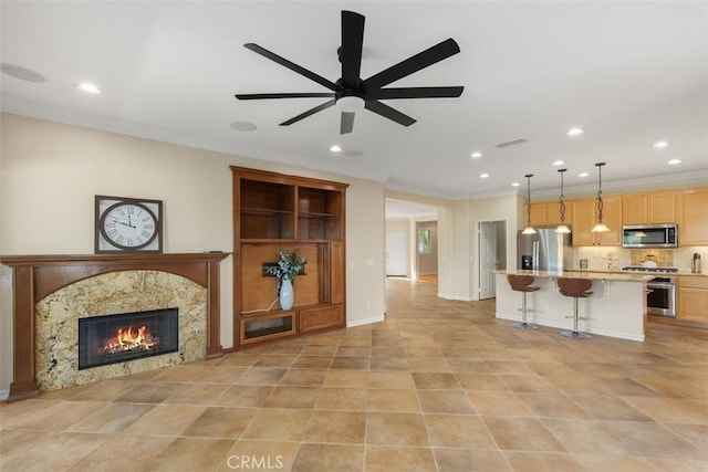 28399 Long Meadow Dr, Menifee, CA 92584 - living room with recessed lighting, ceiling fan, ornamental molding, a fireplace, and light tile patterned flooring