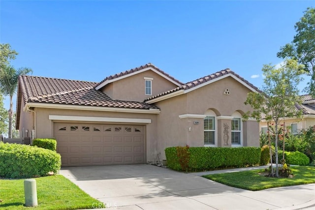 28399 Long Meadow Dr, Menifee, CA 92584 - mediterranean / spanish house with a garage, concrete driveway, stucco siding, and a front lawn
