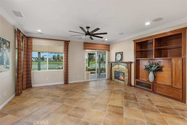 28399 Long Meadow Dr, Menifee, CA 92584 - unfurnished living room featuring a ceiling fan, a tiled fireplace, recessed lighting, crown molding, and light tile patterned floors