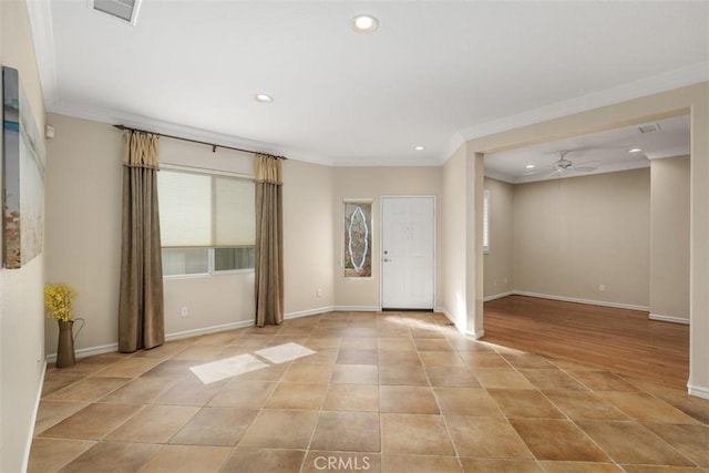 28399 Long Meadow Dr, Menifee, CA 92584 - unfurnished room featuring crown molding, recessed lighting, ceiling fan, and light tile patterned floors