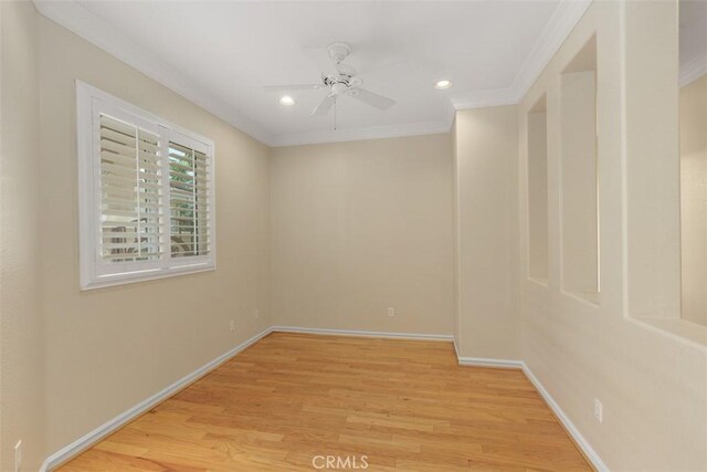 28399 Long Meadow Dr, Menifee, CA 92584 - unfurnished room with crown molding, ceiling fan, light wood-type flooring, and recessed lighting
