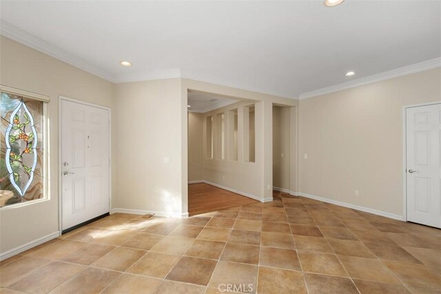 28399 Long Meadow Dr, Menifee, CA 92584 - entryway with crown molding, recessed lighting, and light tile patterned floors