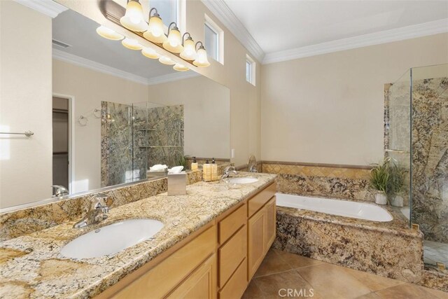 28399 Long Meadow Dr, Menifee, CA 92584 - bathroom with a shower stall, double vanity, a garden tub, ornamental molding, and tile patterned flooring